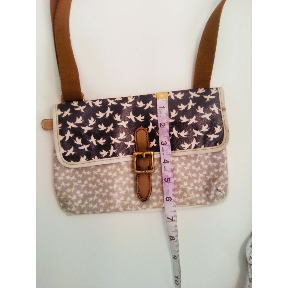Cute Fossil Key-Per Bird Print Crossbody Bag Coated Canvas Leather Trim w/Patina